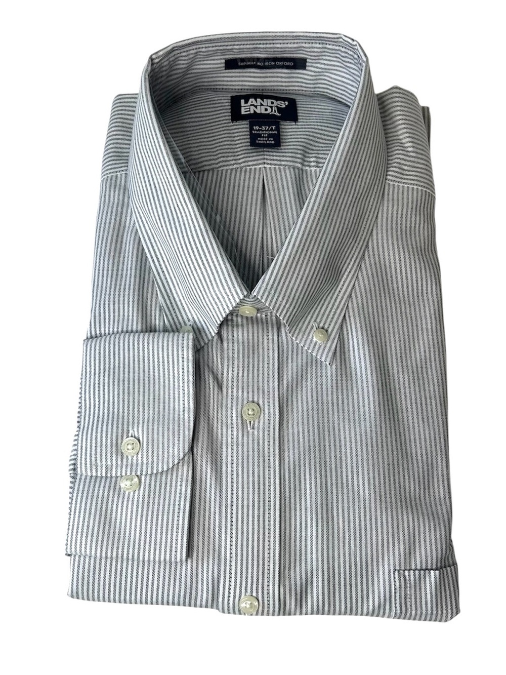 LANDS' END Mens 19 37 Tall White Blue Stripe Oxford Supima Cotton‎ Oxford Shirt.